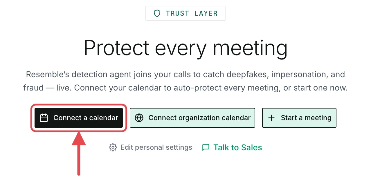 The Meetings page with the Connect a calendar button highlighted