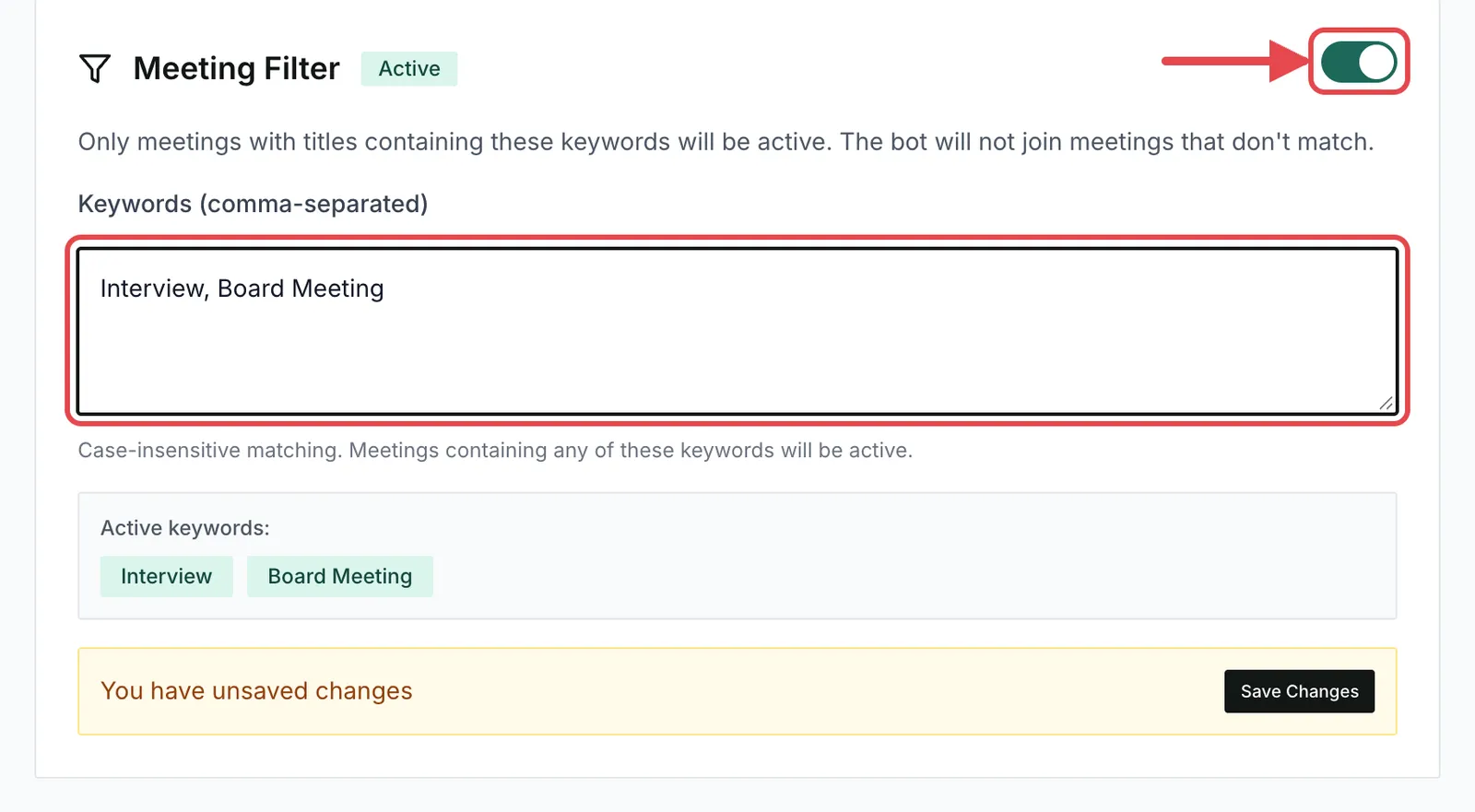 The Meeting Filter section turned on with the keywords Interview and Board Meeting