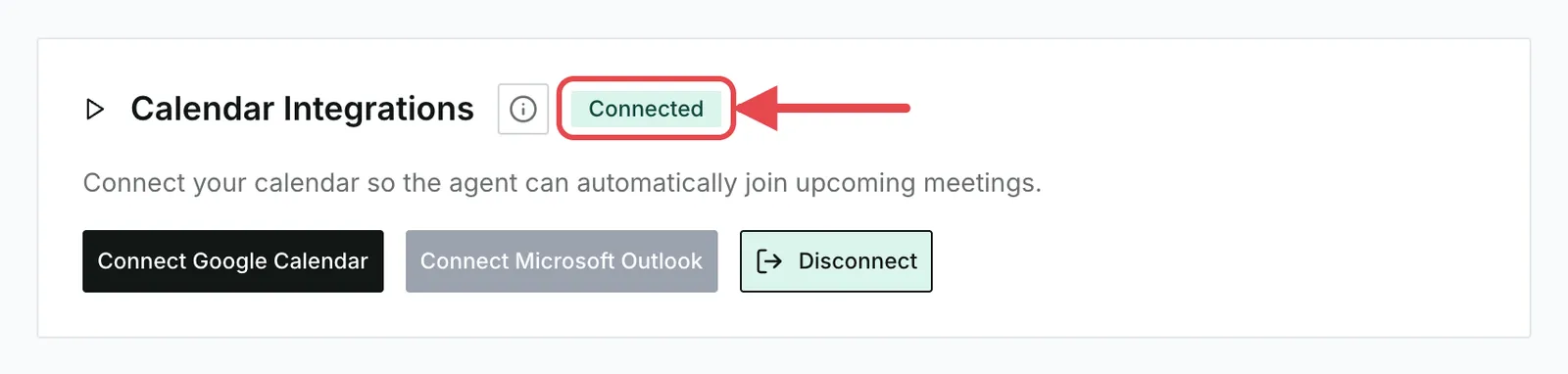 The Calendar Integrations section showing a Connected badge