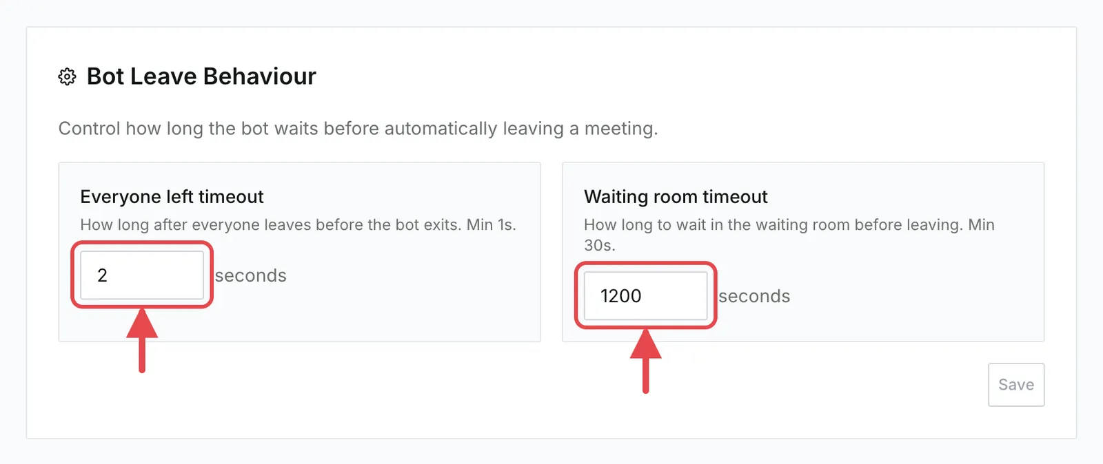 The Bot Leave Behaviour section with the Everyone left timeout and Waiting room timeout fields