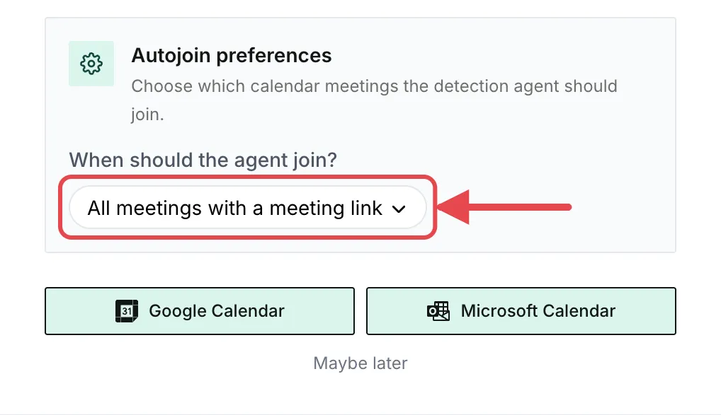 The autojoin option in the connect dialog set to All meetings with a meeting link, above the Google Calendar and Microsoft Calendar buttons