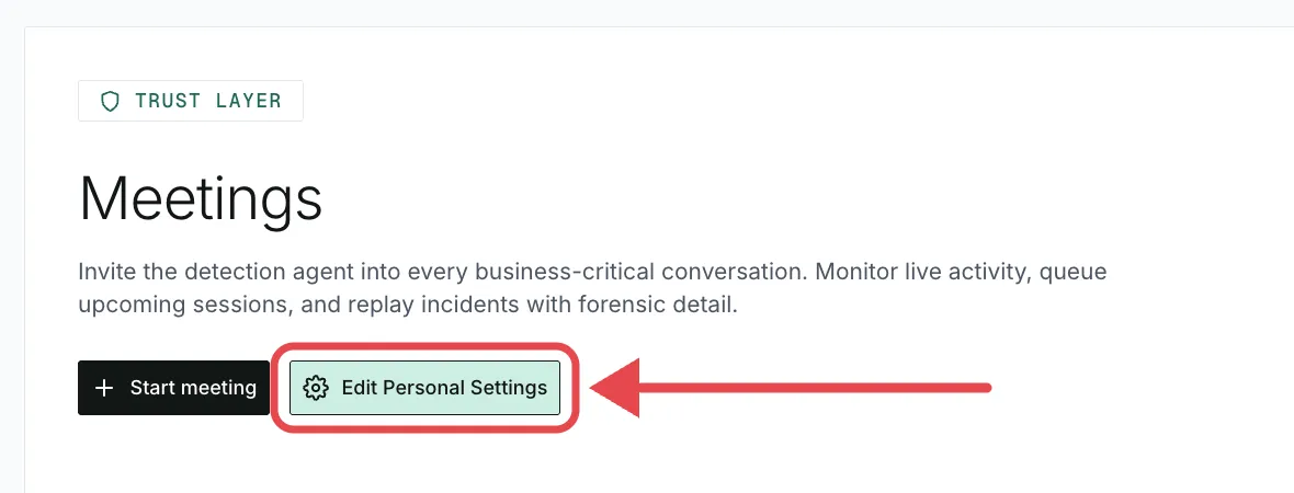 The top of the Meetings page with the Edit Personal Settings button highlighted