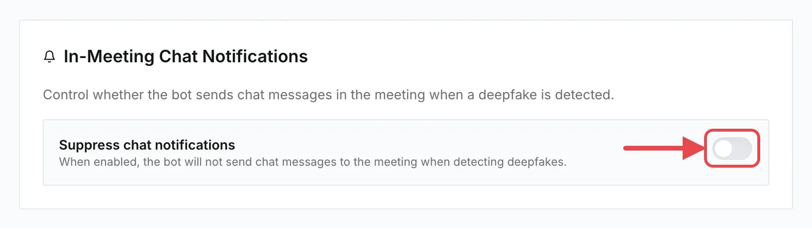 The In-Meeting Chat Notifications section with the Suppress chat notifications switch turned off