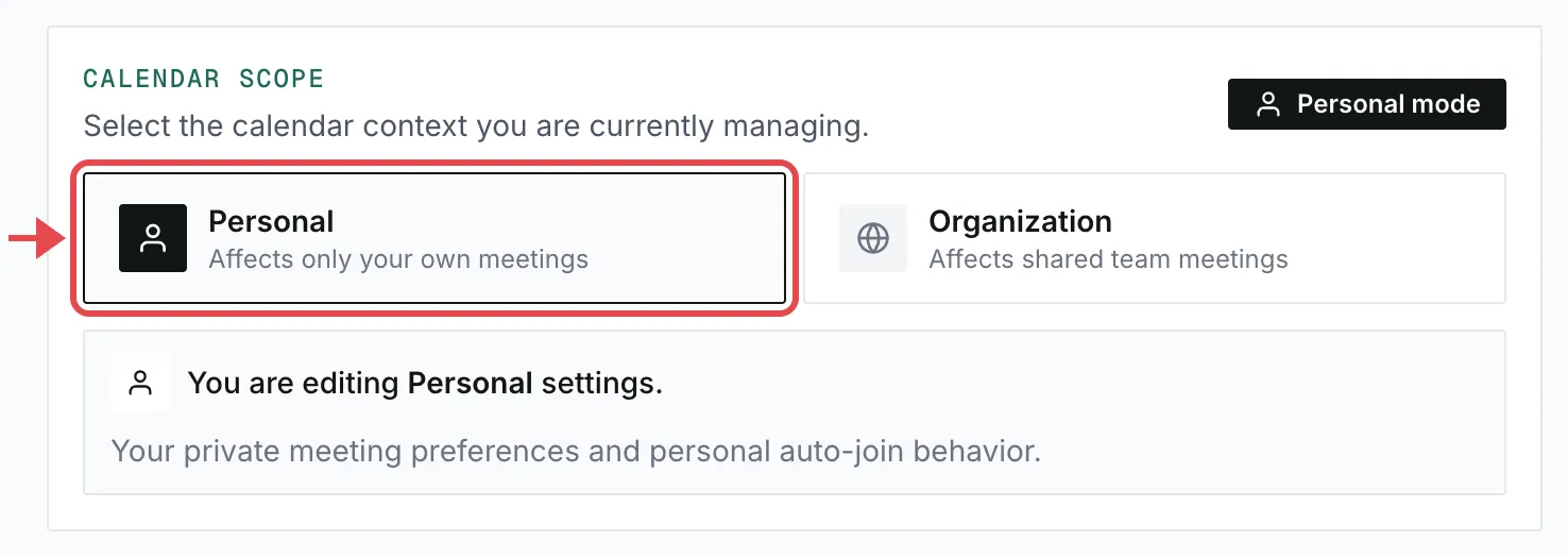 Calendar Scope with the Personal option selected