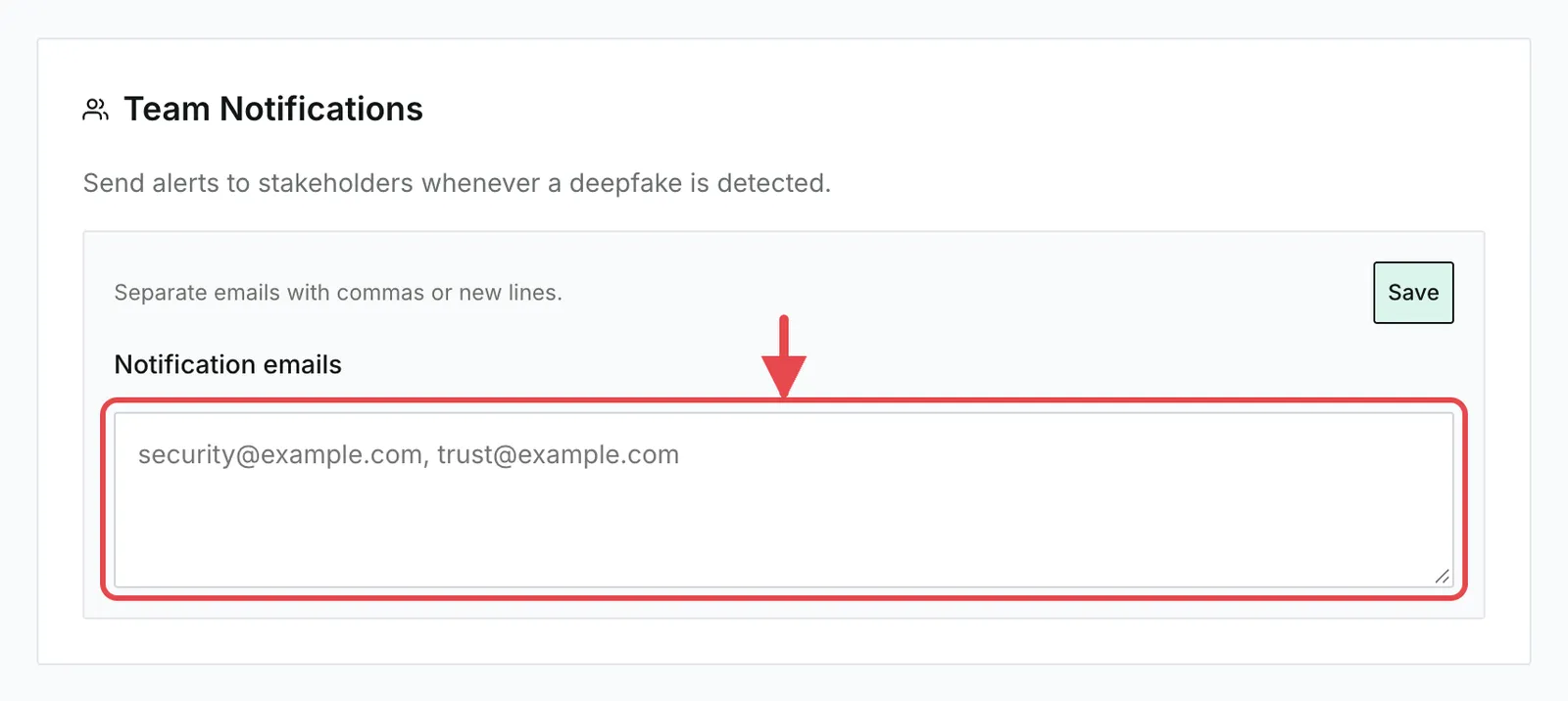 The Team Notifications section with the Notification emails field